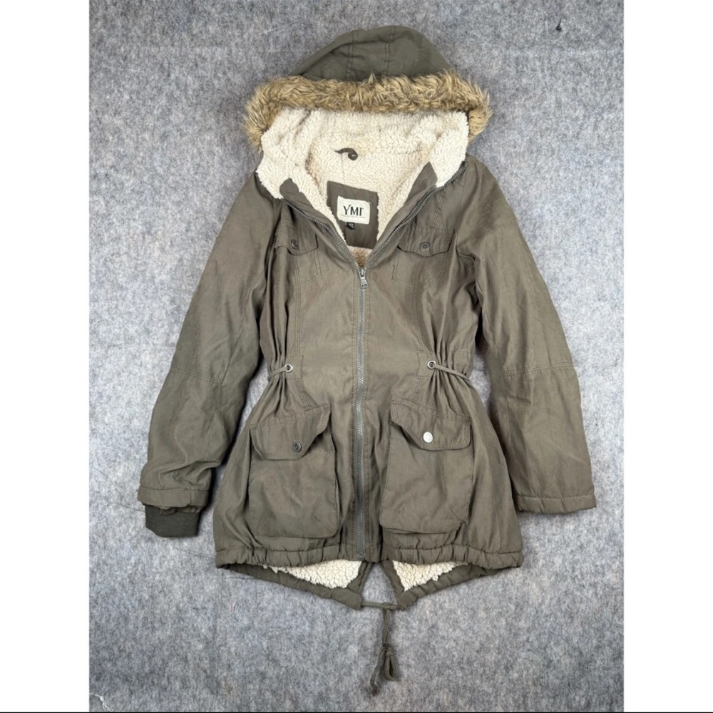 YMI Parka Jacket Women's Small Olive Green Sherpa Lined Faux Fur Hood Full Zip‎